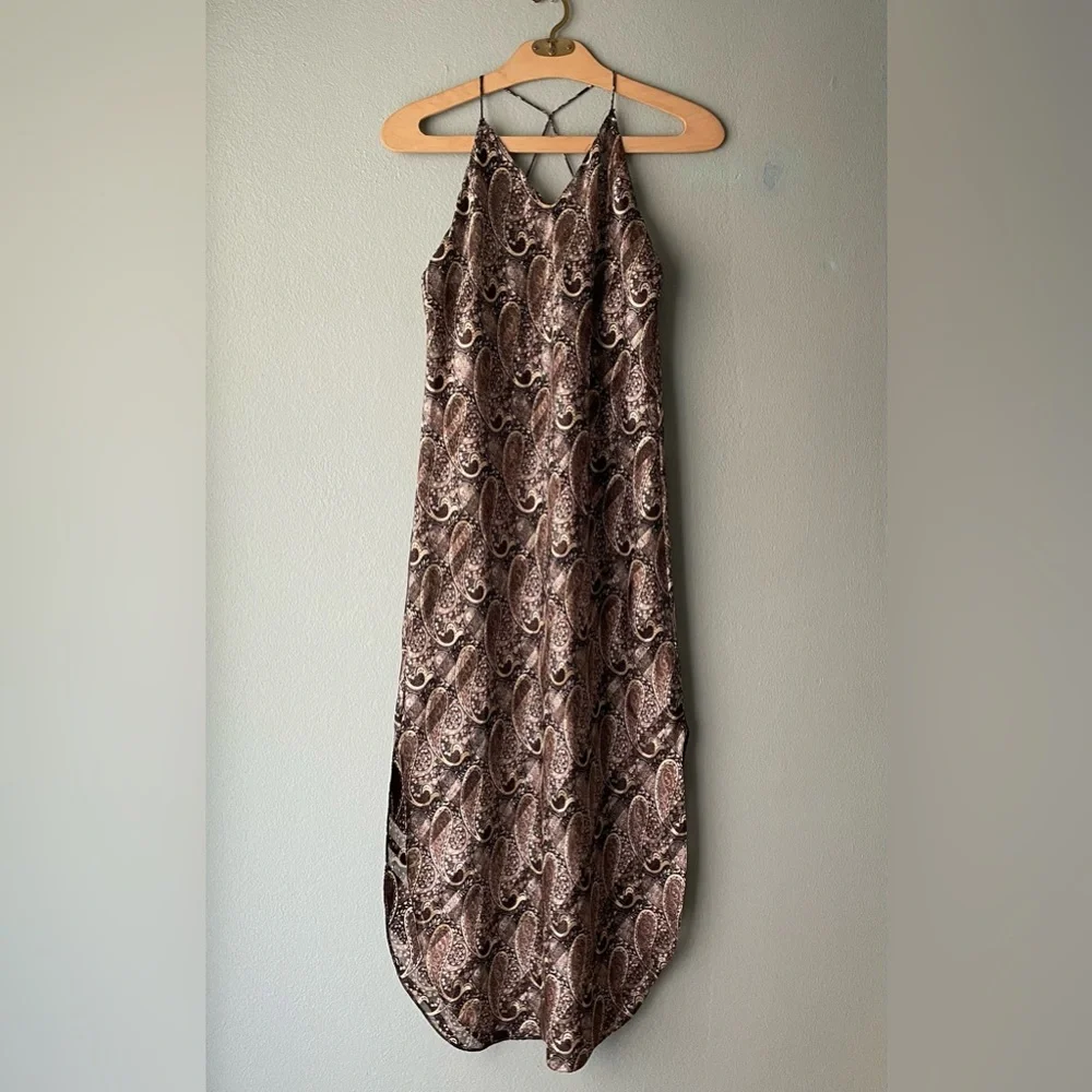 Indulgence | Vintage 70s Rare Paisley Brown Silky Maxi Slip Nightgown Dress - Picture 4 of 14